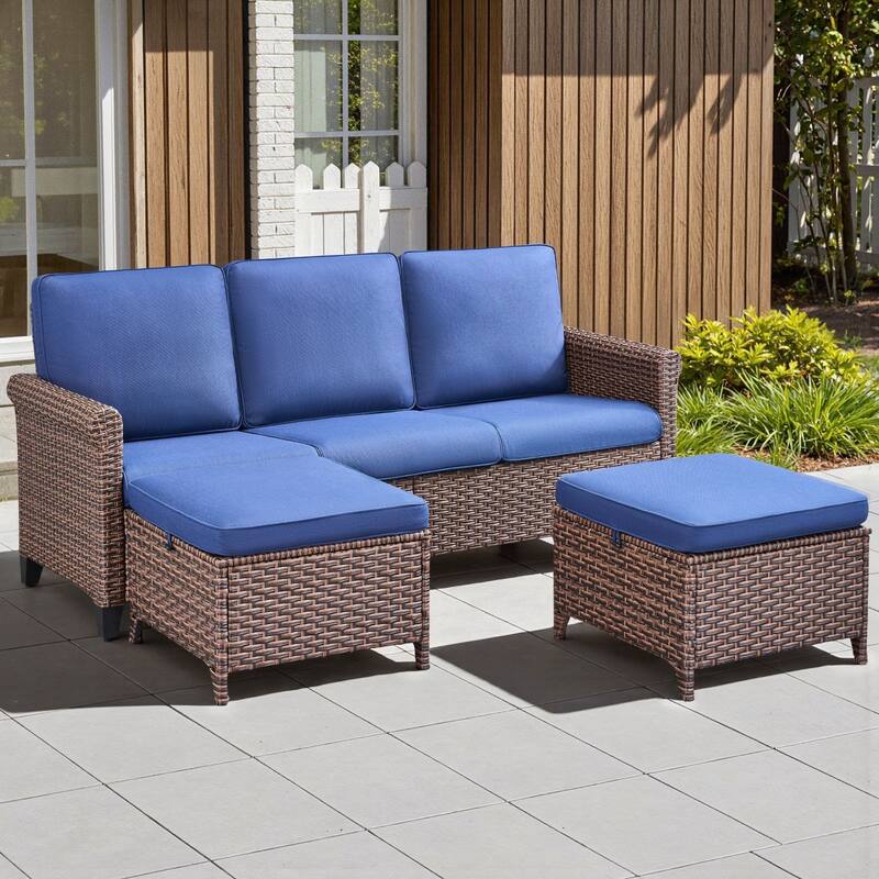 Pocassy Outdoor Sofa with Swivel Chairs Funiture Set - 3PCS Sofa w/  Ottoman - Brown Wicker Beige Cushion