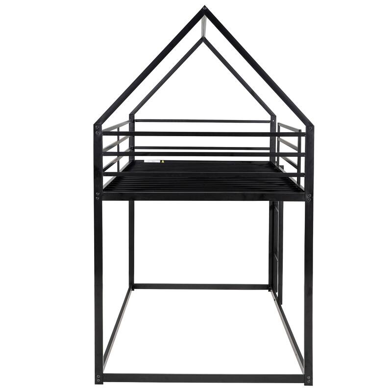 Twin Over Twin Metal Bunk Bed, Playhouse Bunk Beds w/Safety Guardrail & Ladder, Metal Twin Bunk Bed Frame, No Box Spring Needed
