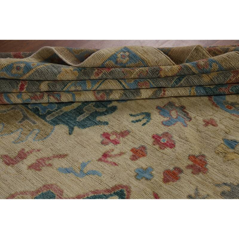 Hand Knotted Oriental 100% Wool Carpet Transitional All-Over Beige & Ivories Oushak Area Rug - 14' 11'' X 12' 0''