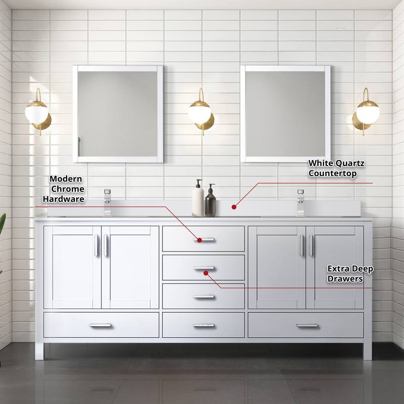 Jacques 80 in. W x 22 in. D White Double Bath Vanity, White Quartz Top, Faucet Set, and 30 in. Mirrors