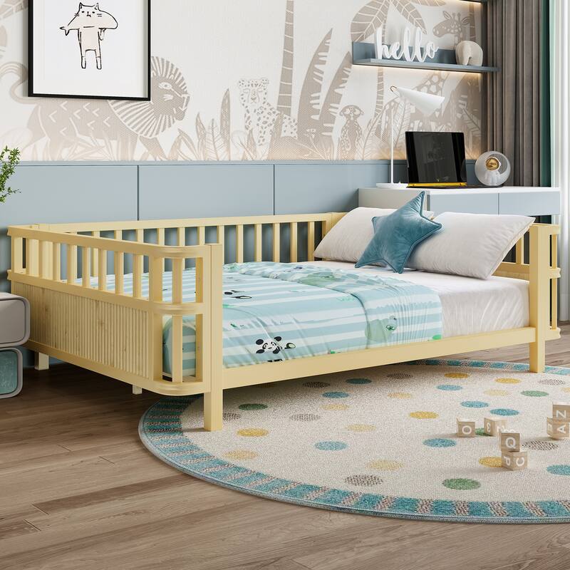 Children's double wooden platform bed with railings, a low iron double bed with railings, suitable for girls and boys (Full)