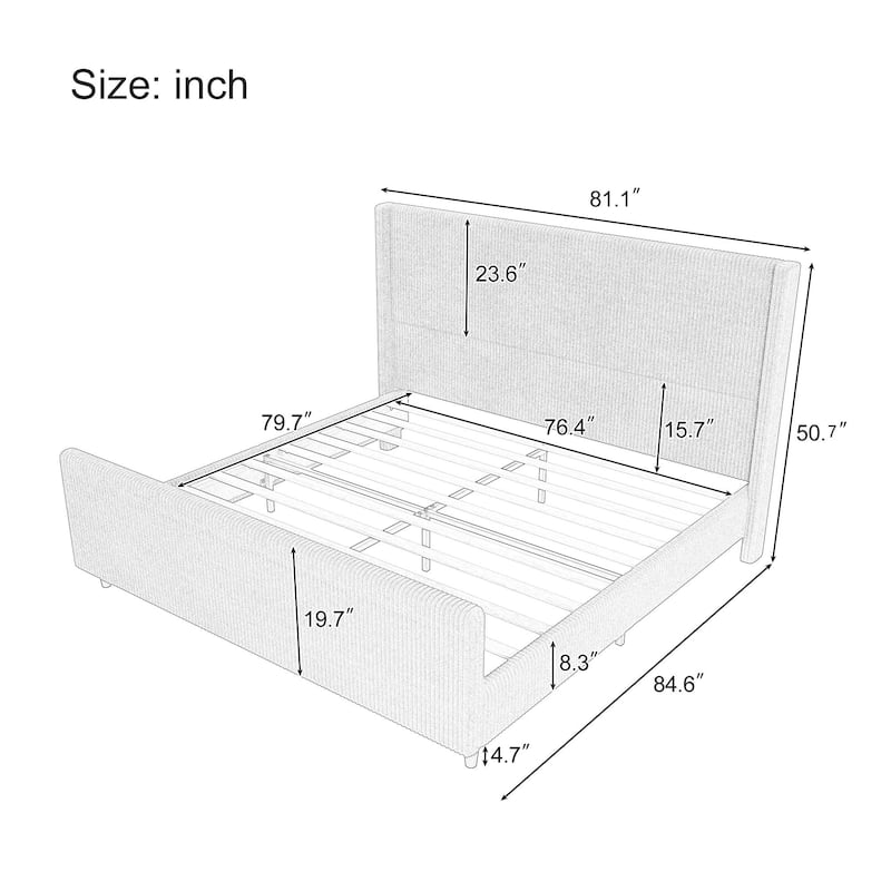 Cream King Size Corduroy Upholstered Platform Bed with Vertical Stripe Wingback and High Footboard