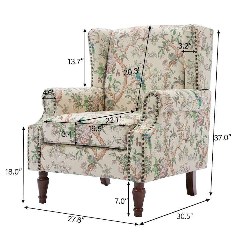 2 Set Transitional Patterned Wingback Accent Chairs with NailHead