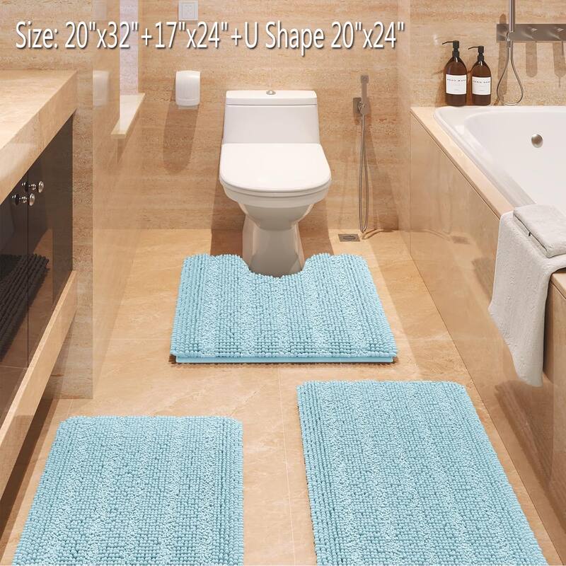 Ultra Soft Striped Non Slip Chenille Bathroom Rug Set 3 Pieces