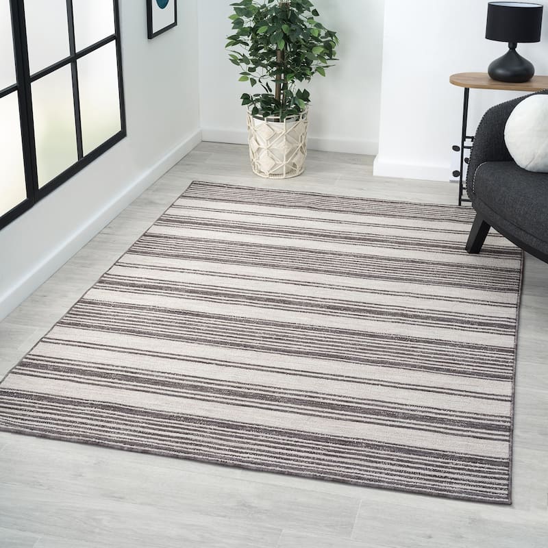 Sevita Ivory/Gray Striped PET Yarn Indoor/Outdoor Area Rug