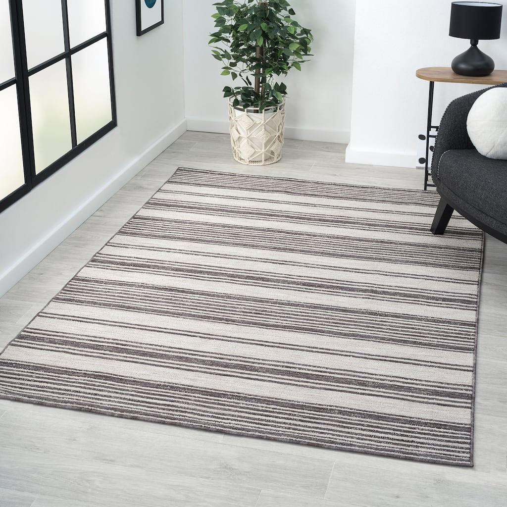 Sevita Ivory/Gray Striped PET Yarn Indoor/Outdoor Area Rug