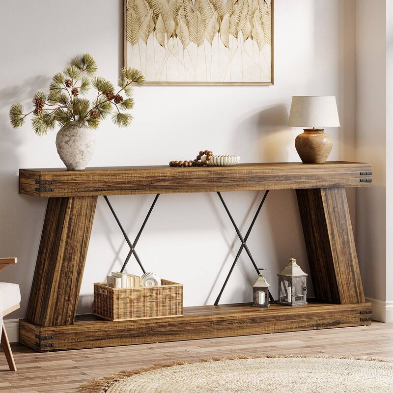 2-Tier Farmhouse Console Table, 70.9” Brown Entryway Table for Living Room - Large