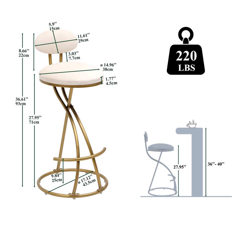 Round Bar Stool Armless Velvet Barstools with Back Set of 2 Upholstered Counter Chair for Dining Room, Kitchen Island