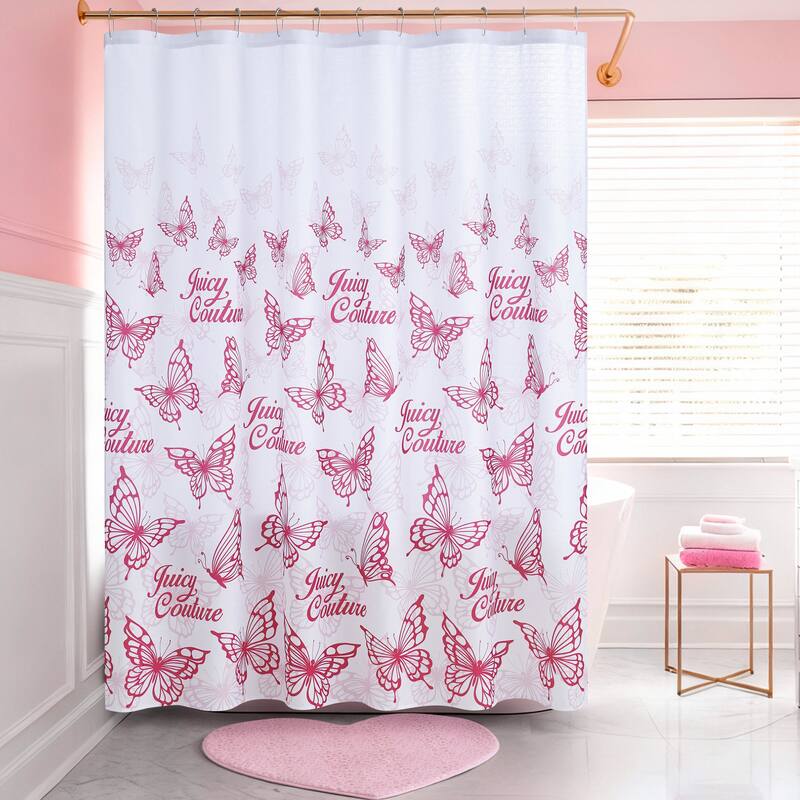Juicy Couture 13-Piece Shower Curtain and Hooks Set - Pink Juicy Butterfly