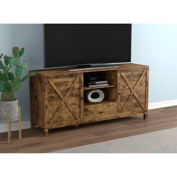 slide 1 of 5, TV Stand-58"Long/Brown Reclaimed Wood with 4 Shelves and 1 Drawer - 58" x 15.35" x 27.55 "