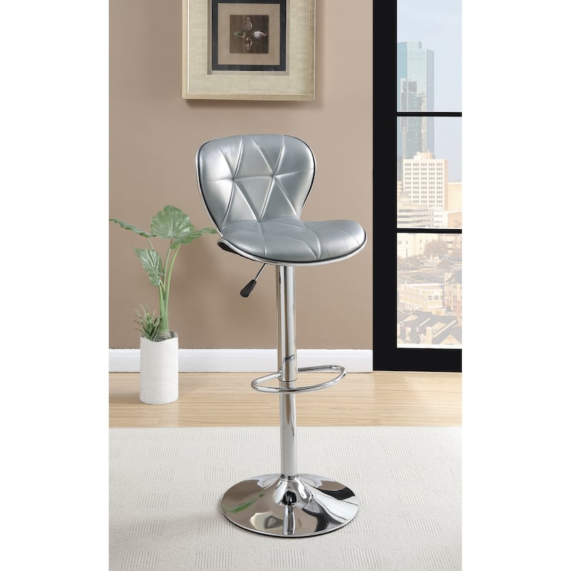 Silver / Grey Faux Leather PVC Stool Counter Height Chairs Set of 2 Adjustable Height bar Stools Chrome Base. - Silver