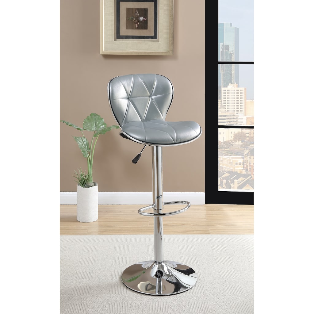 Silver / Grey Faux Leather PVC Stool Counter Height Chairs Set of 2 Adjustable Height bar Stools Chrome Base.