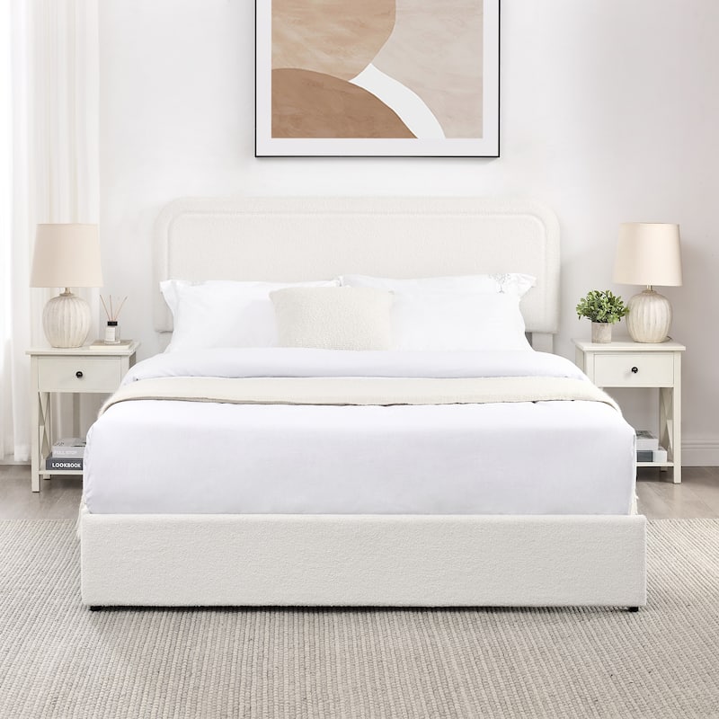 Queen Size Ivory Boucle Upholstered Platform Bed with 4 Storage Drawers, Adjustable Headboard, Wooden Slat Support