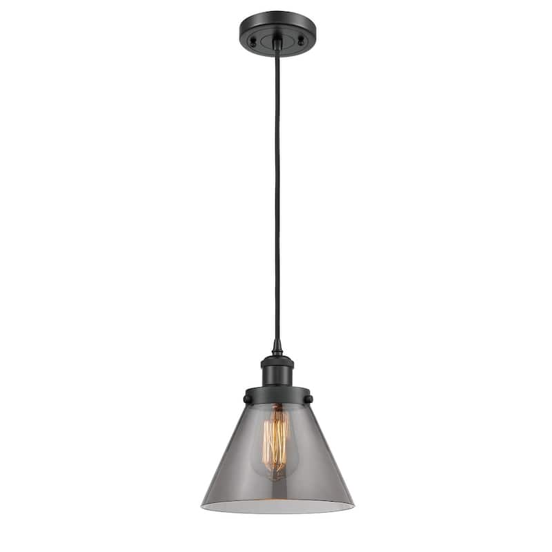 Innovations Lighting Large Cone 8" Wide Mini Pendant - Cord Hung - Matte Black / Plated Smoke
