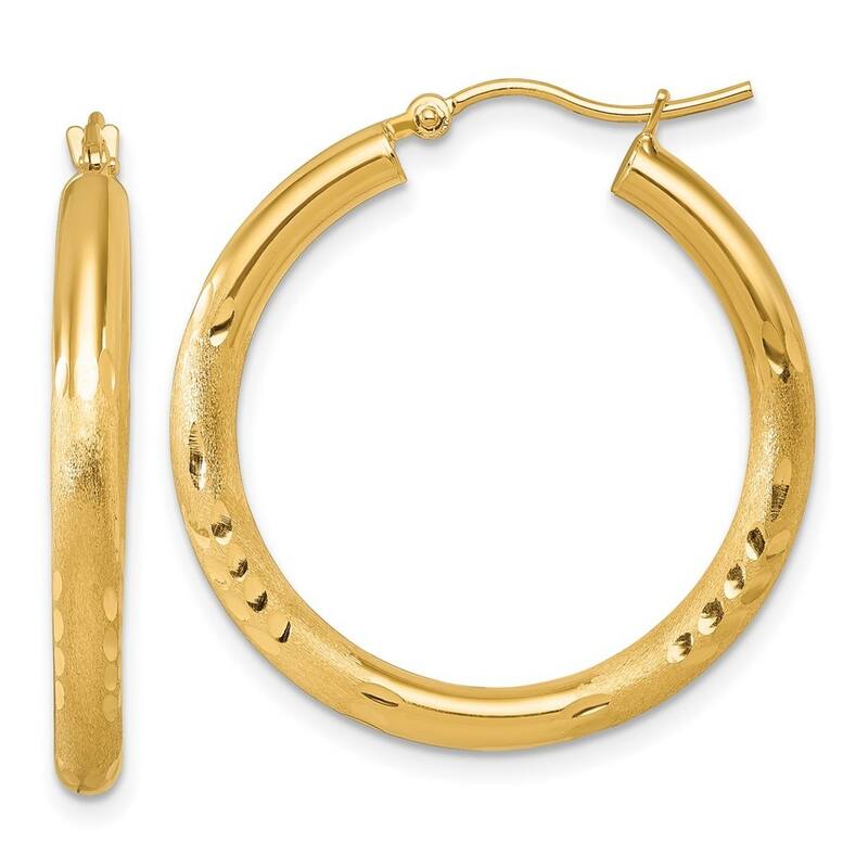 Curata 14k Yellow Gold Satin and Sparkle Cut Round Hoop Earrings - 30x30mm