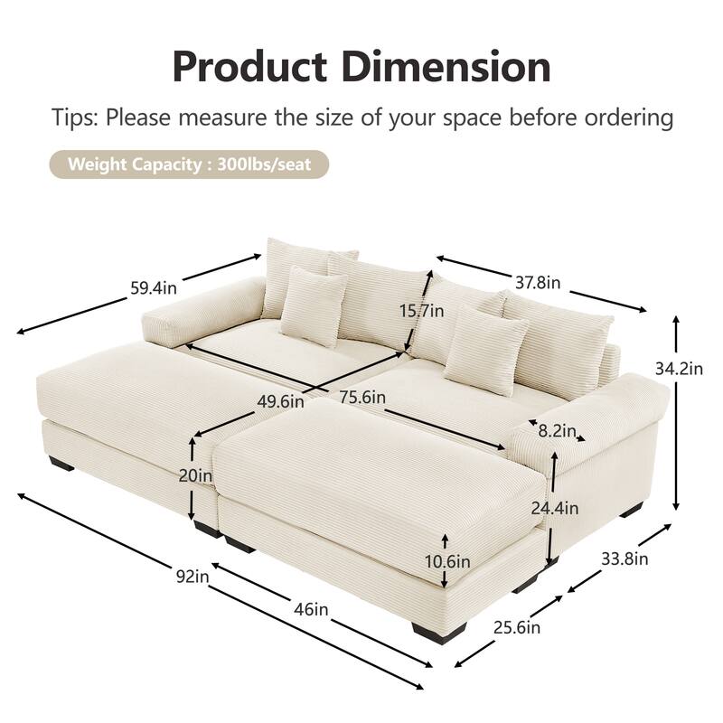 GDFStudio - Corduroy 2-Seater 92" Cloud Modular Sectional Couch with 2 Ottomans