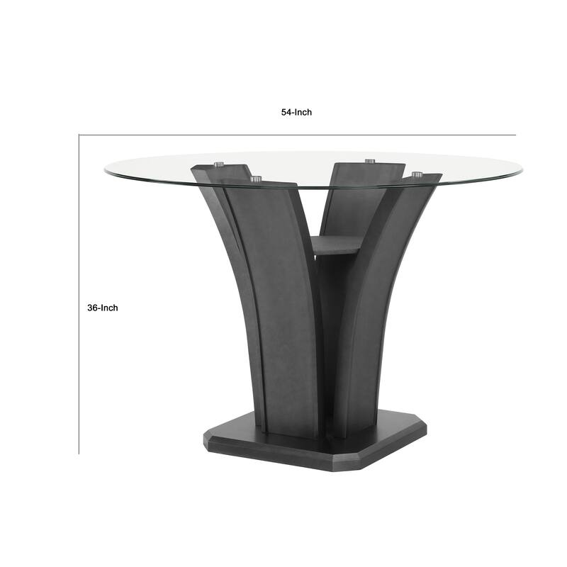 Brandon Counter Height Table, 54 Inch Glass Top, Glam Dark Gray Pedestal
