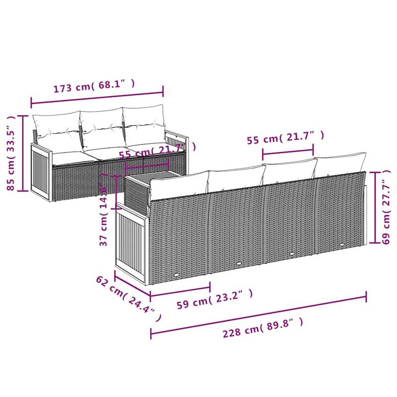 vidaXL 8 Piece Patio Sofa Set with Cushions Gray Poly Rattan - 138.3x27.2x92.8
