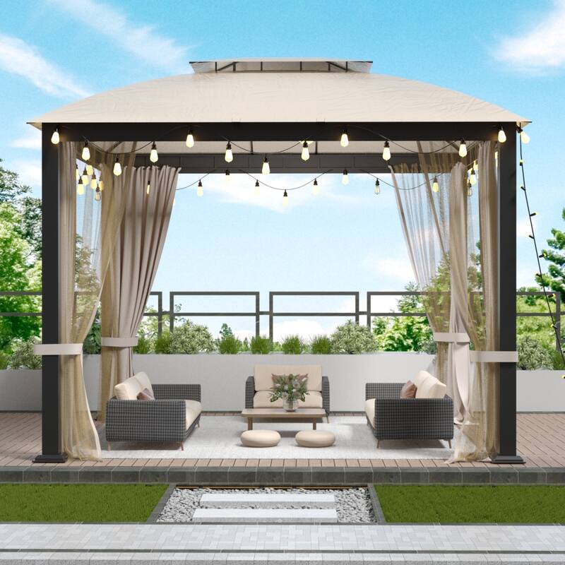 10X10FT Softtop Metal Gazebo with Mosquito Net&Sunshade Curtains