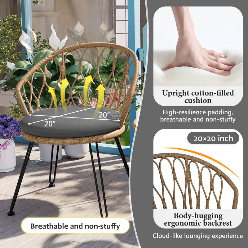 Outdoor Leisure Set,2 Rattan Single Chairs With A Glass Round Table,Perfectly Suited For Patios,Balconies,And Courtyards