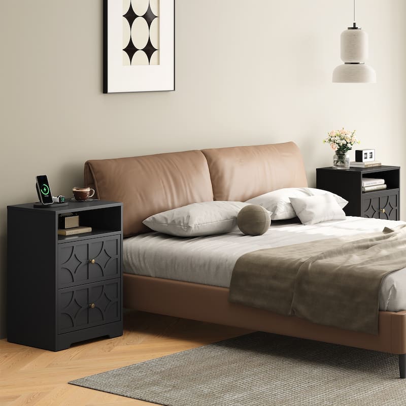 Large Night Stand with 2 Drawers and Charging Station