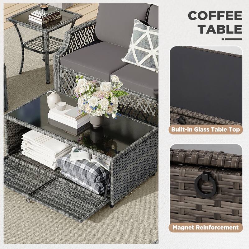 Outdoor Wicker Patio Set w Swivel Chairs & Sofa, Ottomans and Tables, Modular 3/5/6/7-Piece, All-Weather Conversation Set.