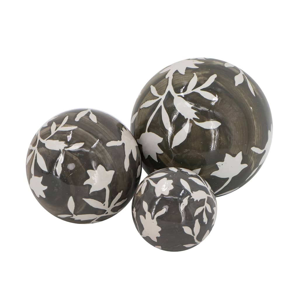 Floral and Leaf Orb Decorations - 5" - Brown and White - Set of 3