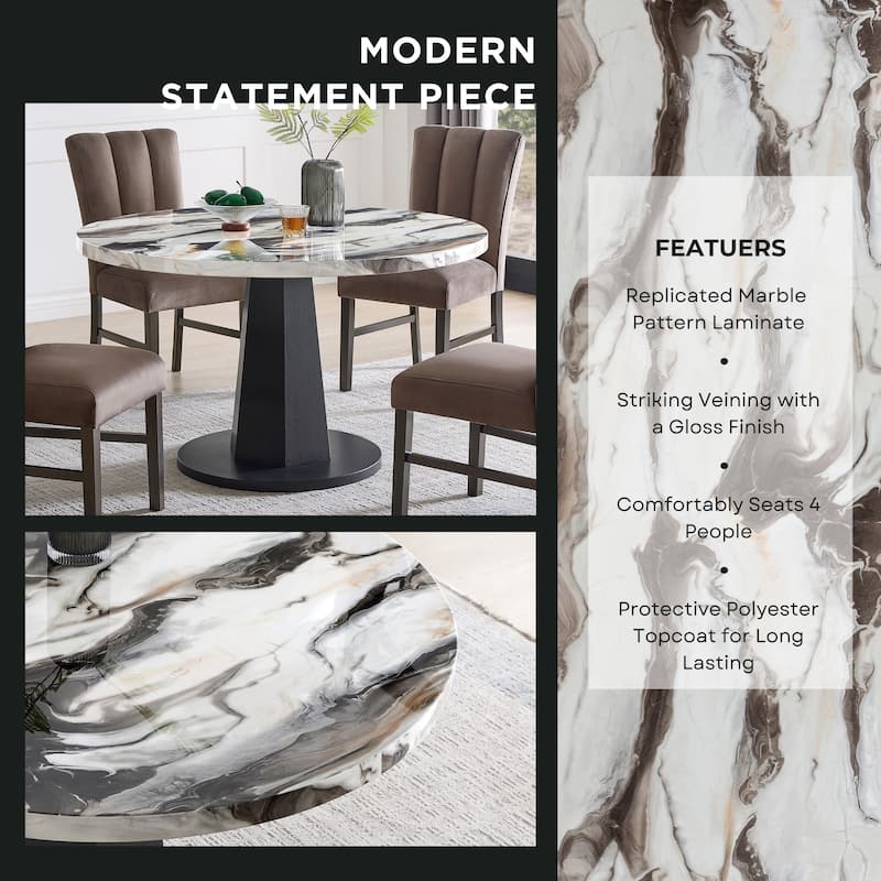 Roundhill Furniture Cavira 5-Piece Modern Dining Set, Round Faux Marble Dining Table with Four Chairs