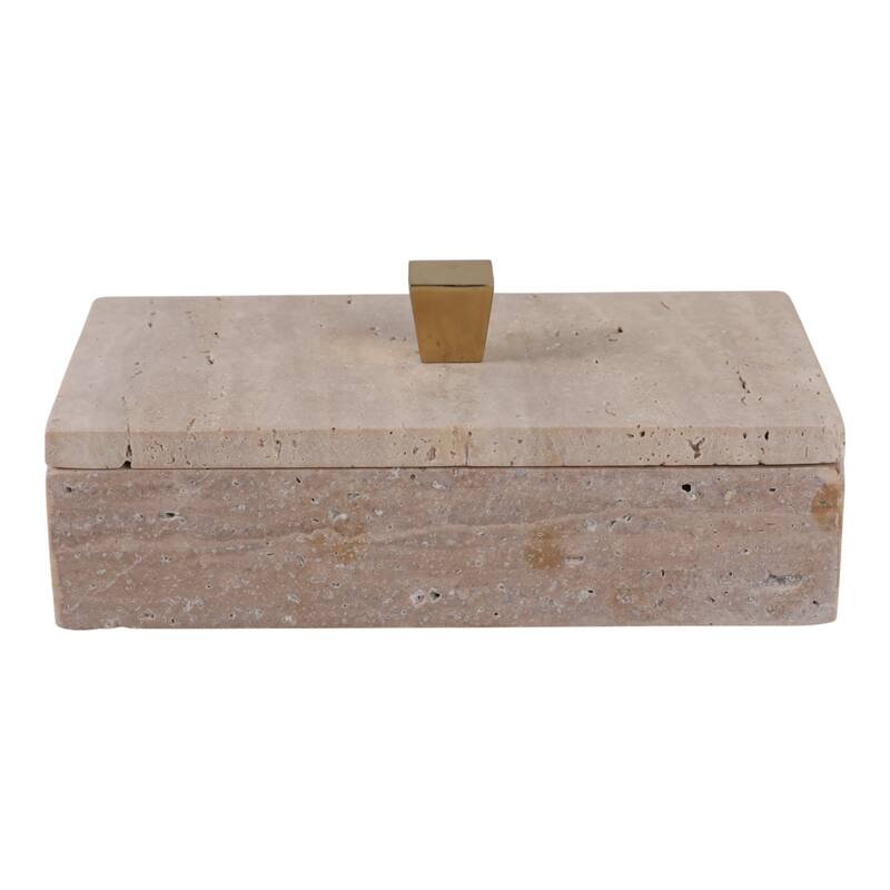 Decorative Travertine Box with Gold Knob and Removable Lib - 9", Tan - 9.0"