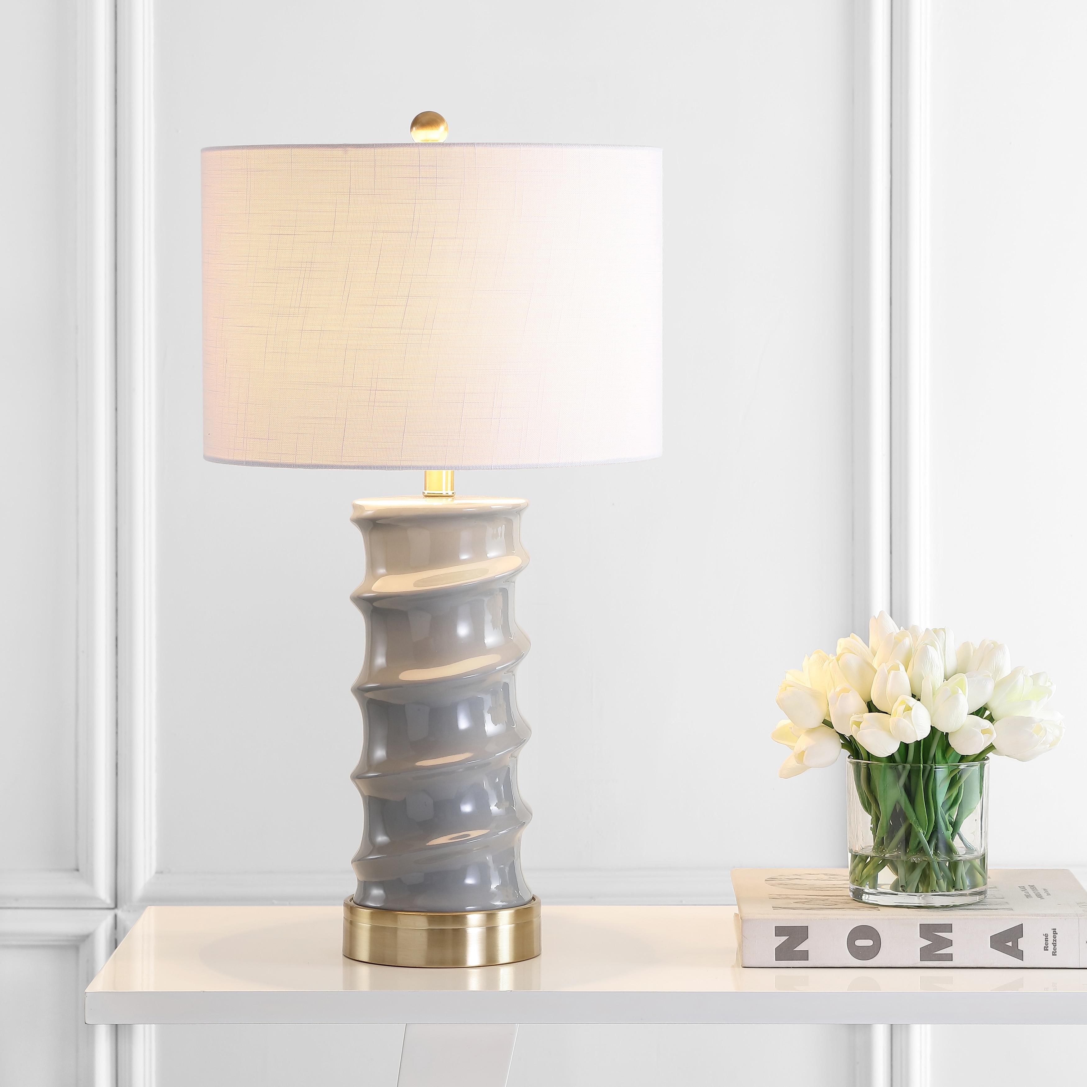 JONATHAN Y Prague 28" Ceramic LED Table Lamp, Dark Grey/Gold
