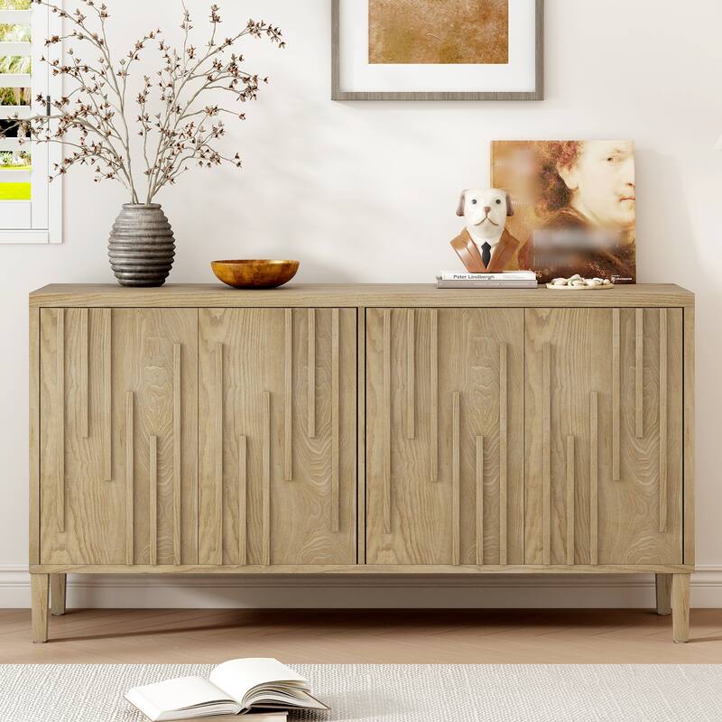 59.8" 4-Door Sideboard,Hidden Handle,Distinctive Solid Ash Veneer Buffet with Storage, Farmhouse Sideboard TV Stand