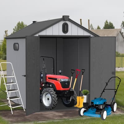 Waterproof Resin Garden Shed with Hinged Double Doors & Rain Gutter Weatherproof Storage Shed, Double Wall Panels