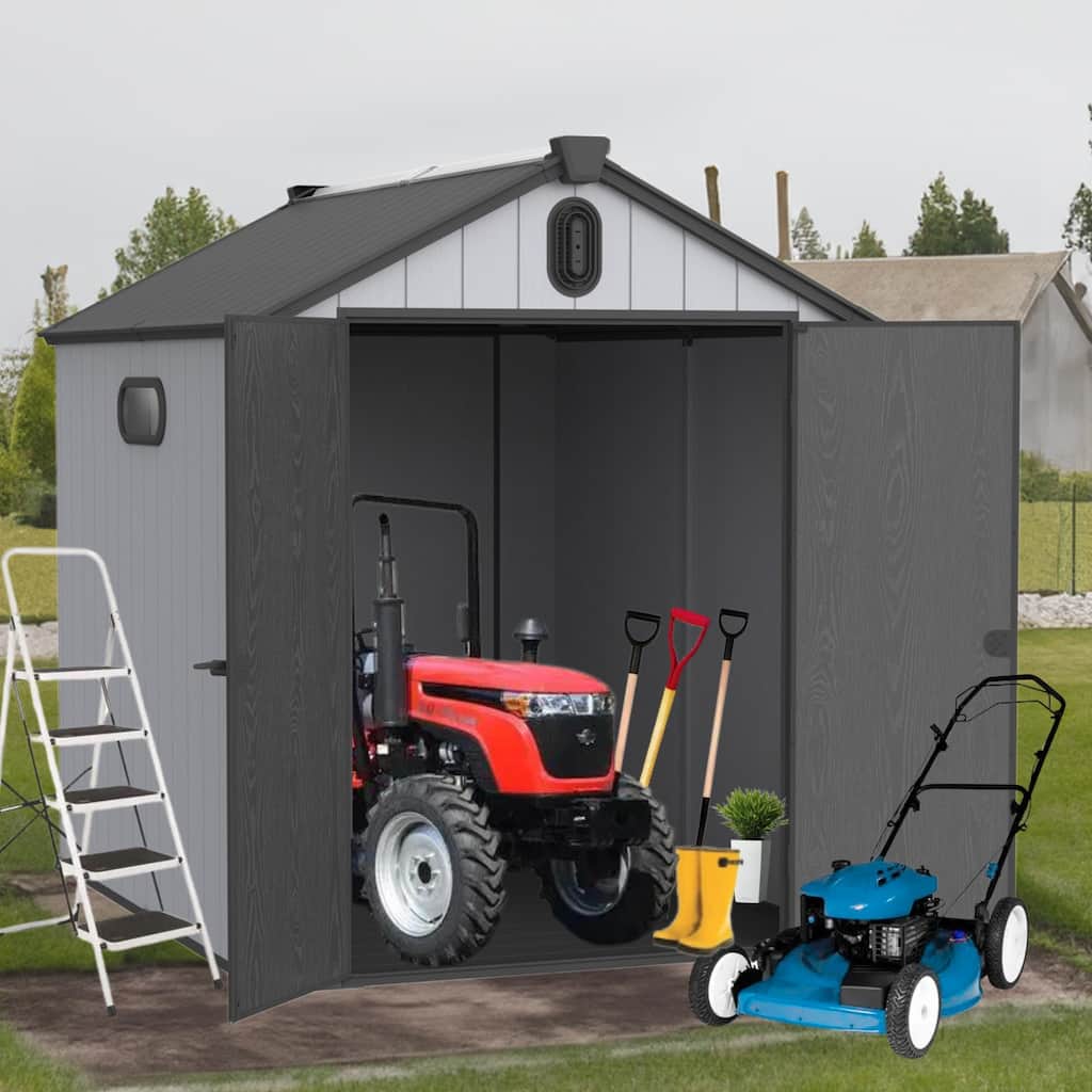 Waterproof Resin Garden Shed with Hinged Double Doors & Rain Gutter Weatherproof Storage Shed, Double Wall Panels