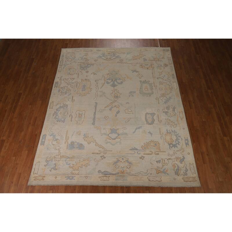 Transitional Beige Oushak Turkish Area Rug Hand-Knotted Wool Carpet - 7'11"x 9'11"