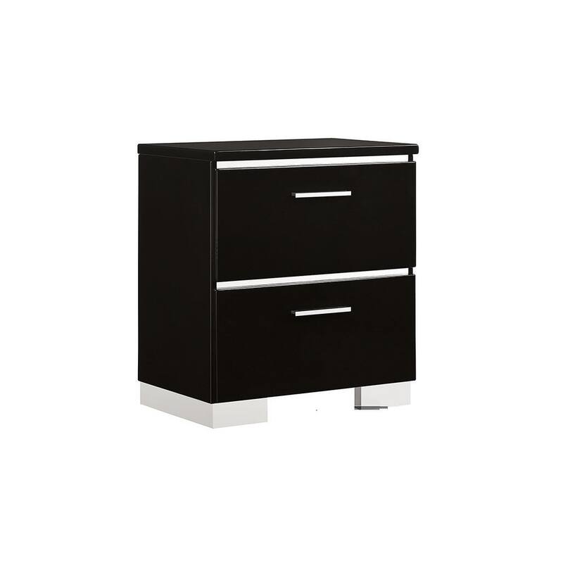 Modern Black Nightstand with Chrome Accents, USB Charger, High Gloss Lacquer Coating, Felt-Lined Drawers, 23.25"x15.37"x26.37"