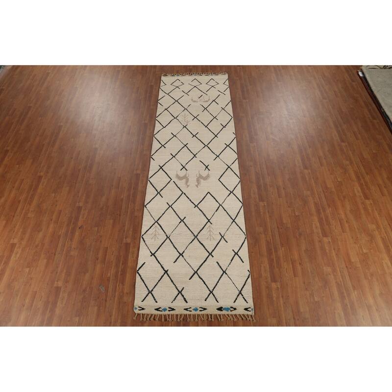 Hand Knotted Oriental 100% Wool Carpet Modern All-Over Beige & Ivories Moroccan Runner Rug - 13' 3'' X 3' 10''