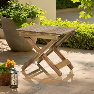 Kyre Outdoor Side Table, Foldable Slatted 23 Inch, Brown Acacia Wood