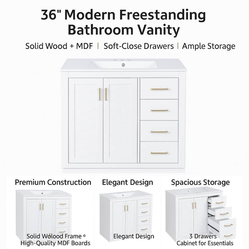 36'' Freestanding Bathroom Vanity with Sink, Solid Wood Frame, 3 Drawers