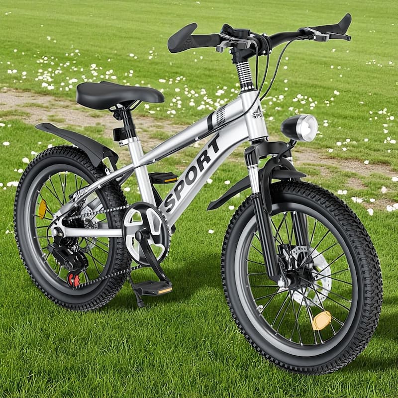 24 Inch Kids Mountain Bike for Boys & Girls Ages 7-12, 7-Speed with Dual Disc Brakes, Shock Fork & LED Light - Silver