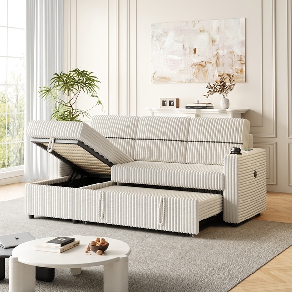 85 Inches Corduroy Sofa Bed 3 Seater Sleeper Sofa Pull out Couch Bed with Storage Chaise Lounges Cup holder USB Charge Port On Sale Bed Bath Beyond 41079351