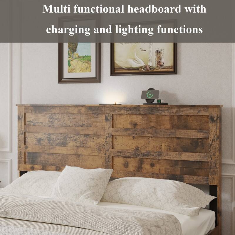 Rustic Wood Platform Bed Frame with 2 Storage Drawers