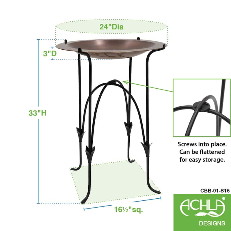 Achla Designs 24"Dia. Round Antique Finished Brass Classic Copper Birdbath w/Black Wrought Iron Phoebe Stand