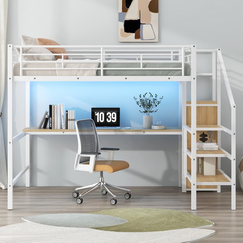 Full Size Metal Loft Bed with Desk, Storage Staircase, Wardrobe, and LED Light, White