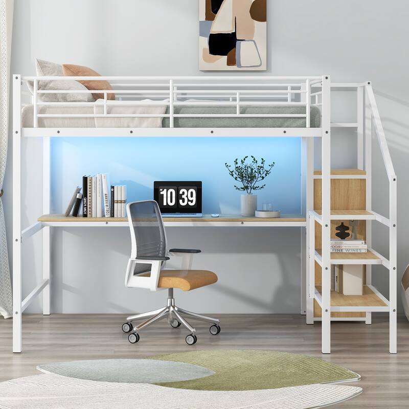 White Full Size Metal Loft Bed - Desk, Storage Staircase, Small Wardrobe & LED Light - Space-Saving