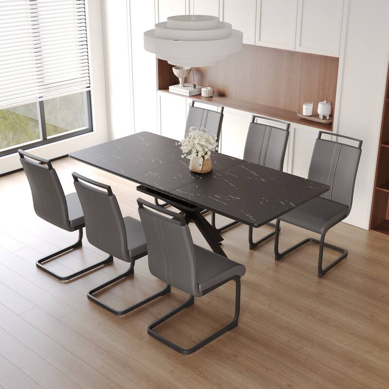 Modern Dining Set with Rectangular Extendable Table & High Back C-shaped Tube Armless Chairs