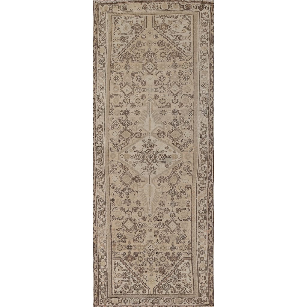 Hamedan Persian Vintage Runner Rug Handmade Geometric Wool Carpet - 3'3" x 9'9"