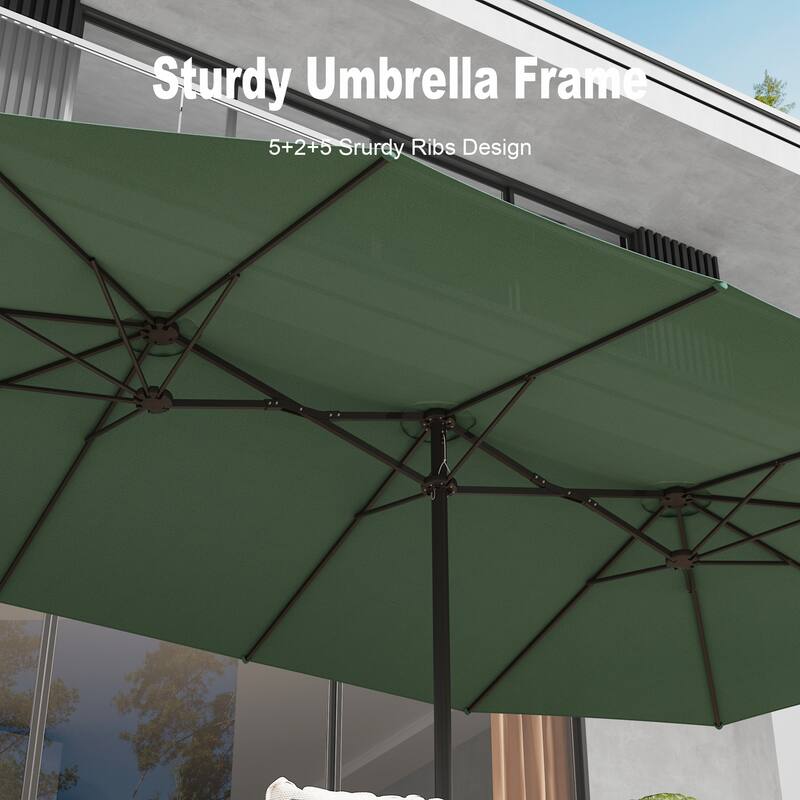 15ft x 9ft Double Patio Umbrella with Base and Sandbags, Extra Large Twin Outdoor Market Umbrella with Auto Tilt, 180g Polyester