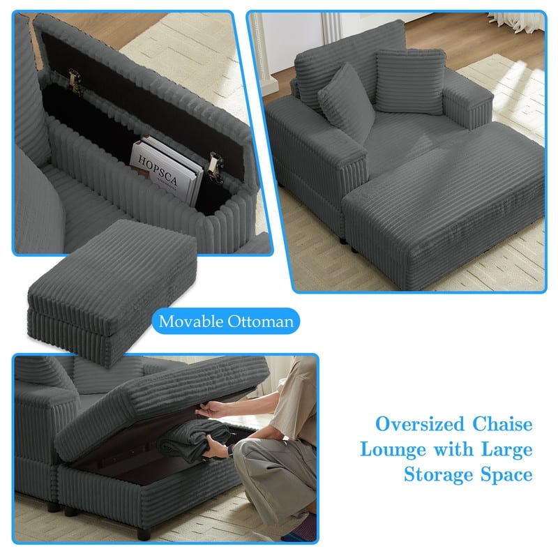 Mixoy 42‘’Corduroy Chaise Lounge Chair with Storage Ottoman&Armrests,Upholstered Sleeper Reclining Chair