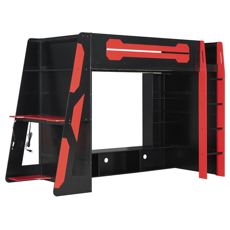 Twin Size Wood Loft Bed with Desk, Multi-storage Shelves and RGB Light