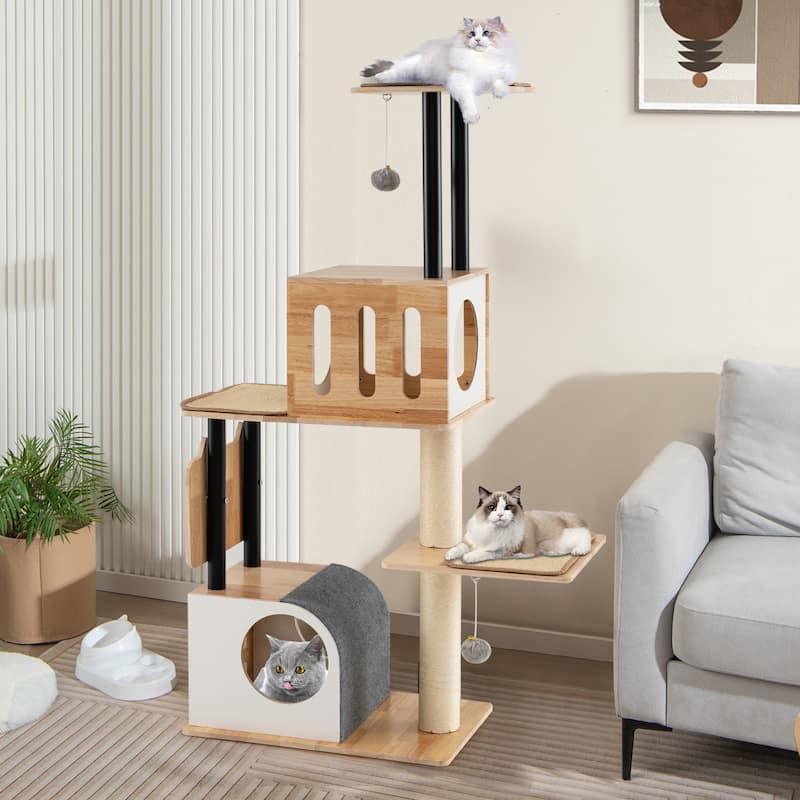 Modern Tall Cat Tower with Double Condos with Dangling Balls and Sisal Carpets - 24" x 16" x 56" - Natural